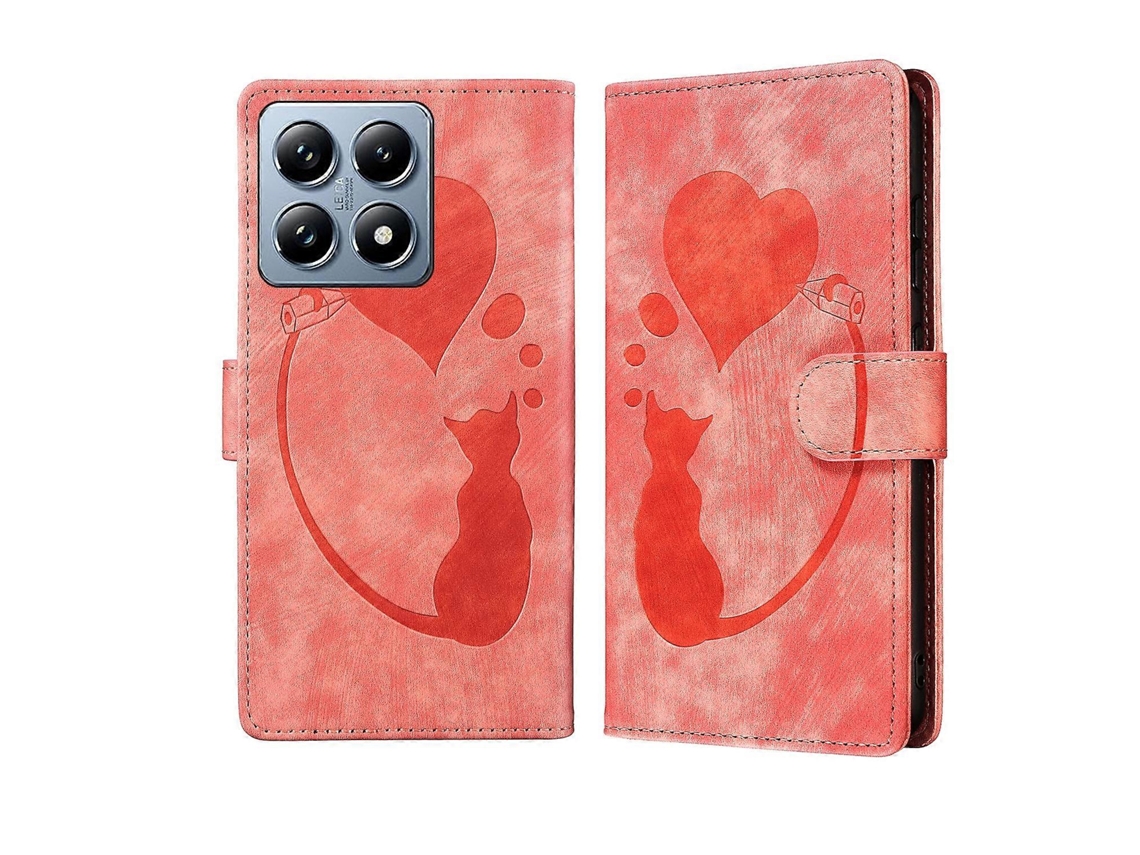 Capa De Couro Com Relevo De Caneta, Coração E Gato Para Xiaomi Poco C75