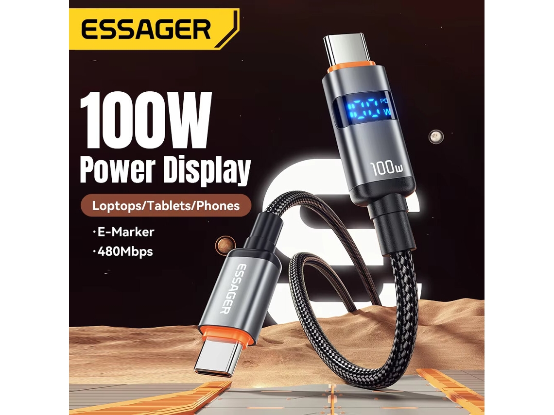 Cabo Digital Essager Es-x61 5a 100w Tipo C Para Tipo C Com Transmiss?o De Dados, 1 M/2 M De Comprimento