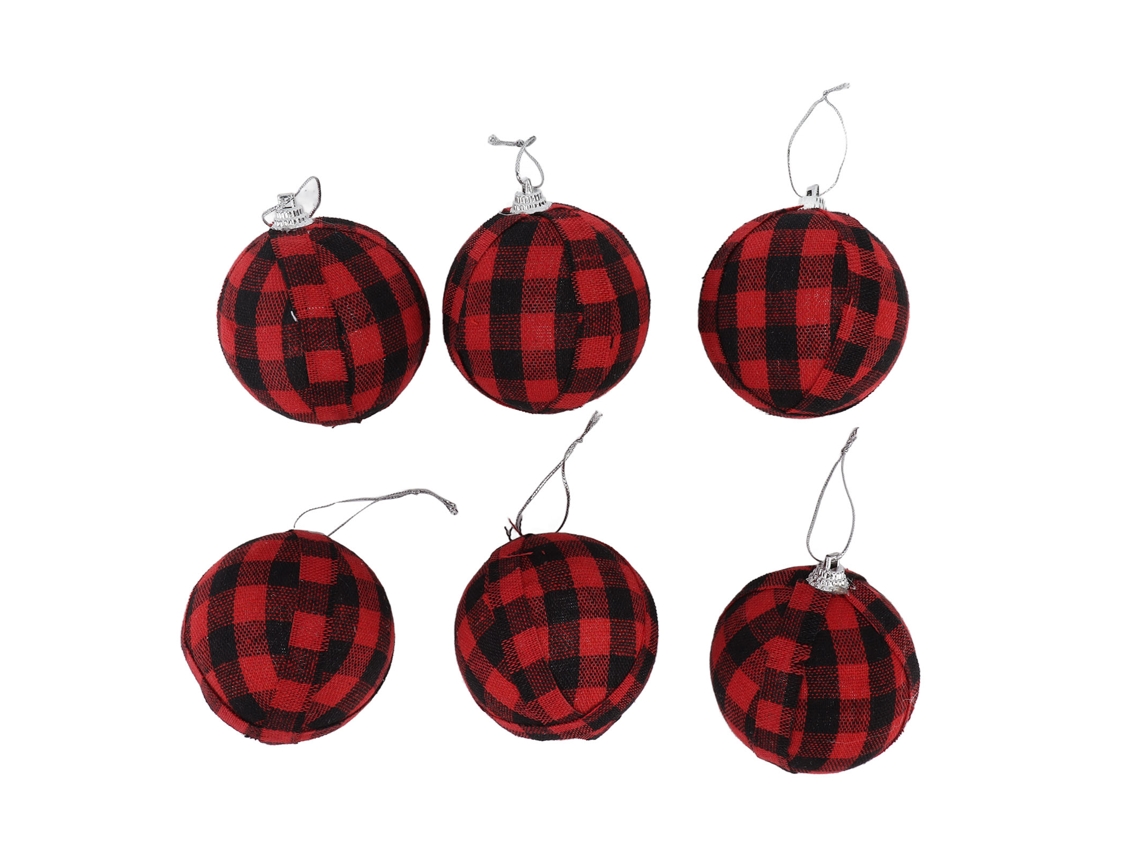 6pcs Bolas Decorativas de Natal 70mm em Vermelho e Preto Xadrez