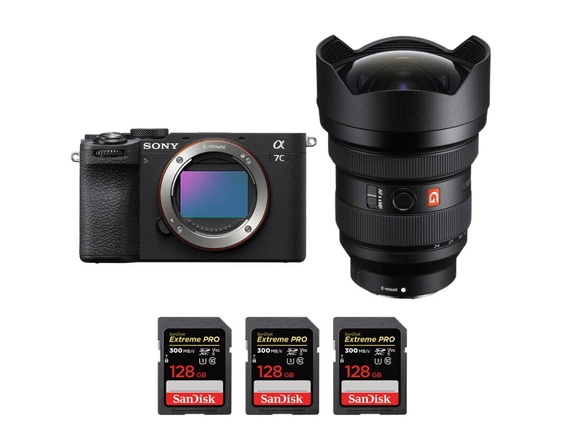 A7c Ii Preto + Fe 12 24mm F/2.8 Gm + 3 Sandisk 128gb Uhs ii 300mb/s Máquina Fotográfica Híbrida + Ebook “20 Dicas para Fotos Que Impressionam” SONY