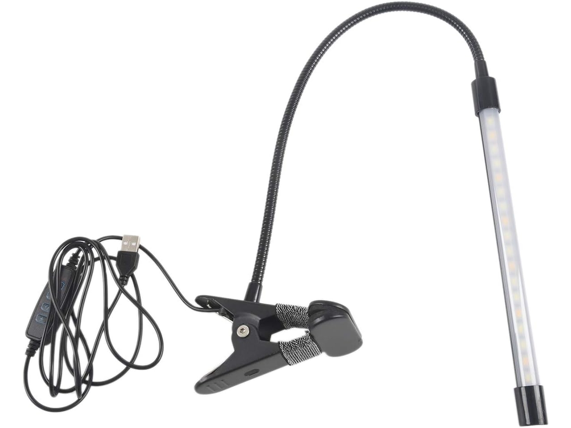 Luminária de mesa LED de 8W com clipe, 3 modos de iluminação, cabo de 2 metros e interruptor dimmer de 10 níveis.