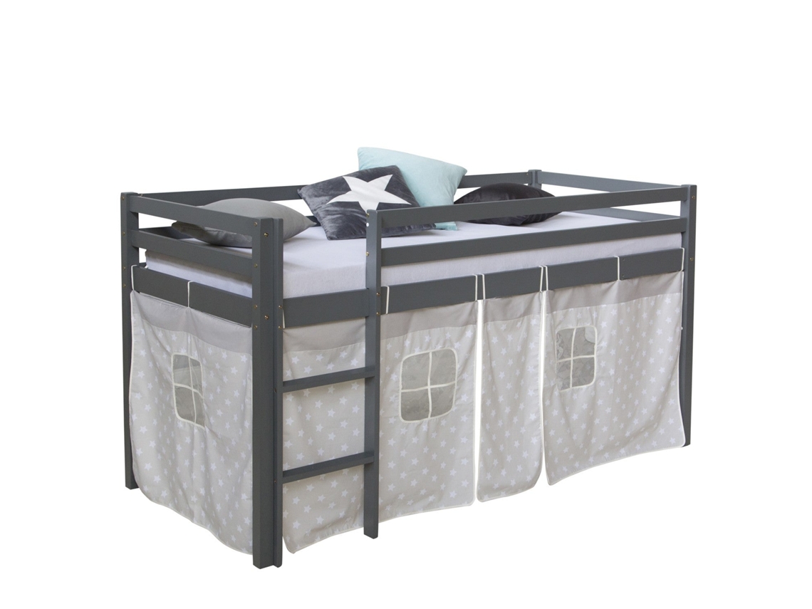 Cama Alta De 90x200cm Com Escada De Madeira Cinza E Tecido Com Estampa De Estrelas Lit06177/2