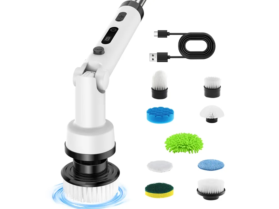 Escova de Limpeza Elétrica Dobrável Giratória e Sem Fio com Cabo Longo e 9 Cabeças Ideal para Uso Doméstico Ideal para Cozinha e Banheiro MDUG