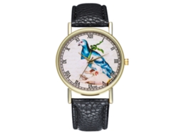 Relógio de Quartzo Feminino com Pulseira de Couro e Padrão Clássico de Pássaro Mensageiro (preto)