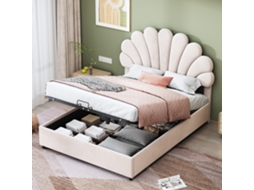 Cama Com Baú Estofada Em Veludo - 140x200 Cm - Cabeceira Em Forma De Flor - Com Estrado De Ripas - Bege