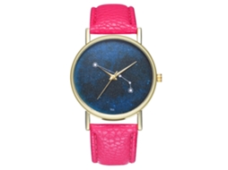 Relógio unissex de pulso com design simples e moderno, pulseira em couro sintético, movimento de quartzo, disponível nas cores vermelho e rosa.