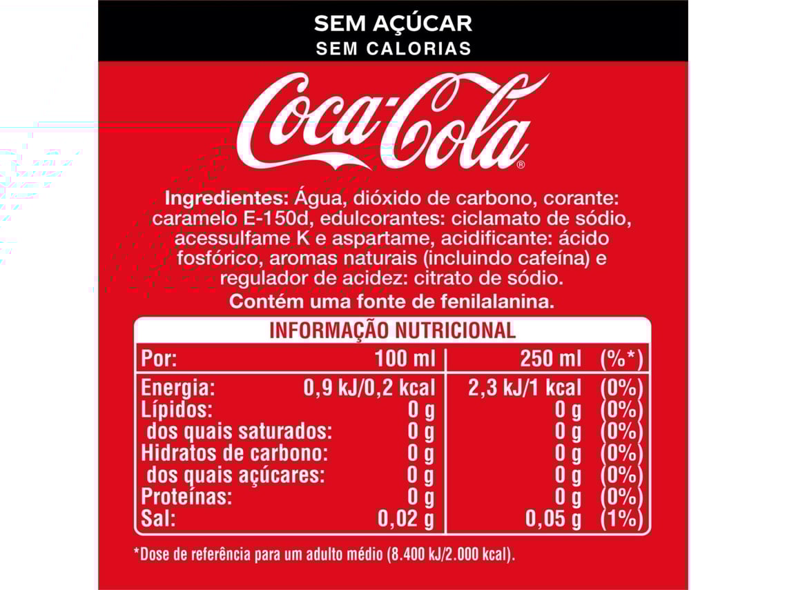 quanto de aspartame tem na coca cola zero