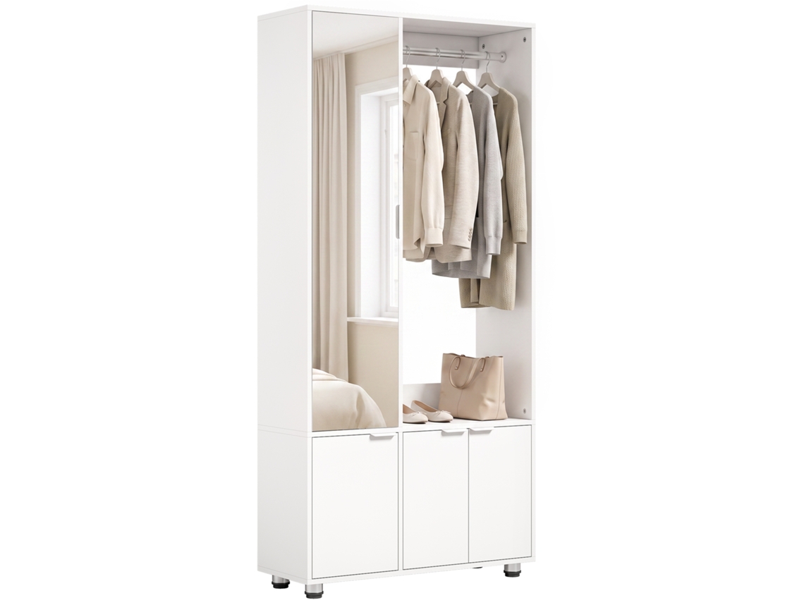 Estreito E Moderno Com Cabideiro E Compartimentos De Arrumação, Guarda-roupa Com Espelho, Branco