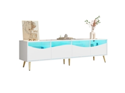 Móvel Tv 180x40x50cm Led Branco Pés Dourados Vidro Armazenamento Sala Moderno