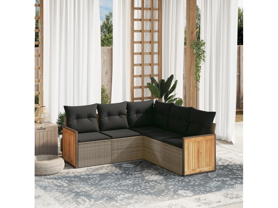 Vidaxl 5 Pcs Conjunto Sofás De Jardim C/ Almofadões Vime Pe Cinzento