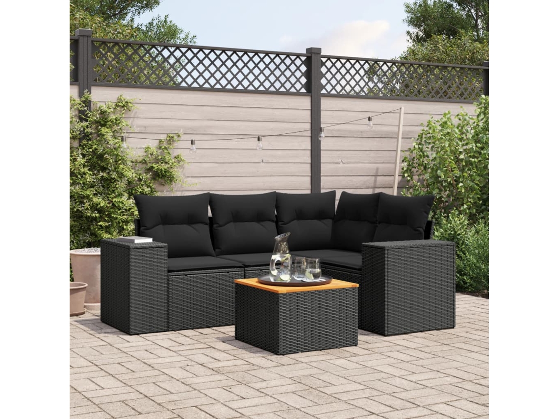 Vidaxl 5 Pcs Conjunto Sofás De Jardim Com Almofadões Vime Pe Preto