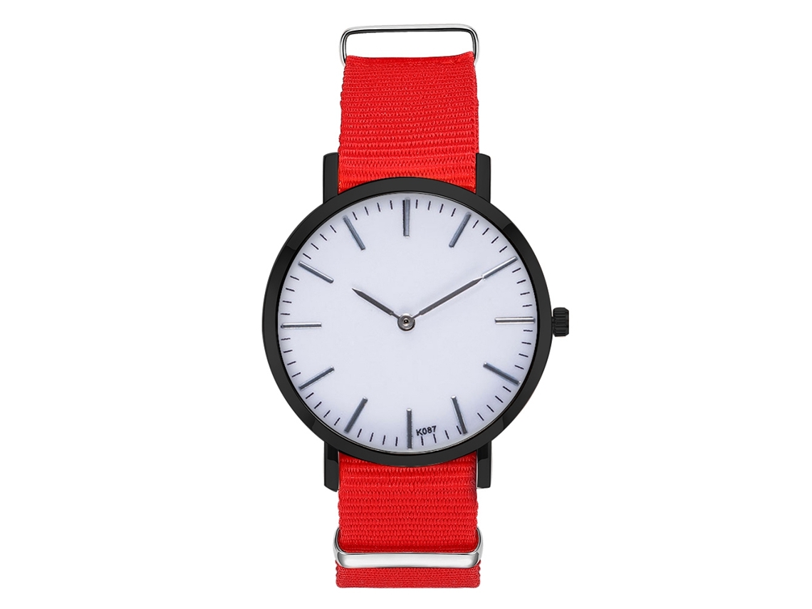 Relógio unissex moderno para casais com pulseira de nylon, mostrador redondo e mecanismo de quartzo vermelho.