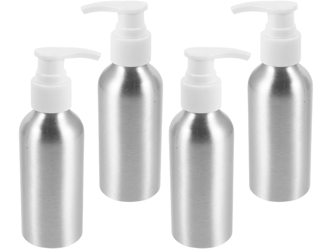 De 4 Frascos Dispensadores De Loção Ciieeo Em Alumínio, 120ml, Prateados, Leves E Duráveis.
