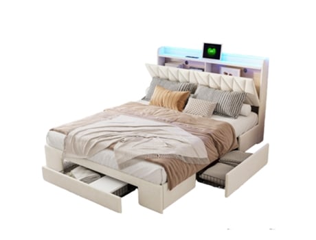 Cama Estofada De 160x200 Cm Com Cabeceira Em Led E Função De Carregamento Usb, Cama Com Arrumação Com 3 Gavetas E Encosto, Sem Colchão. Mexus