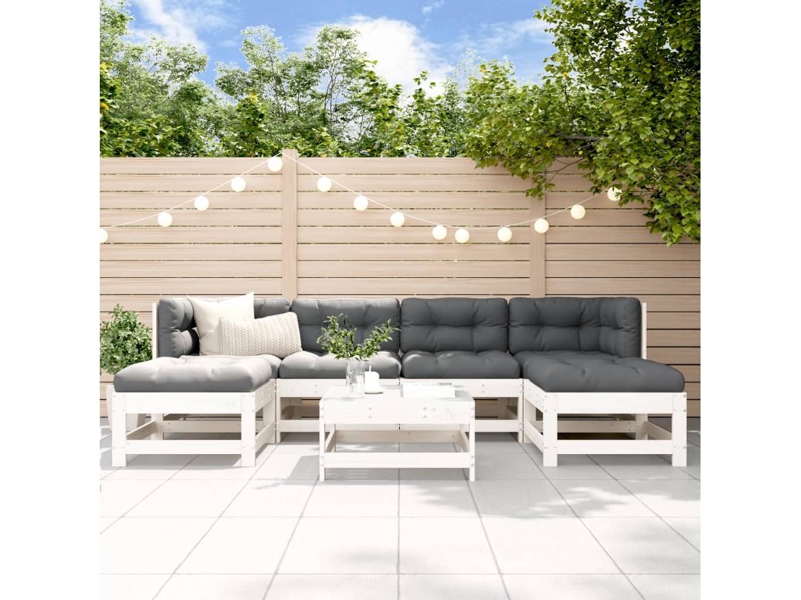 Conjunto Lounge Jardim Pinho Maciço Branco 7 Pcs Dkd Home Decor