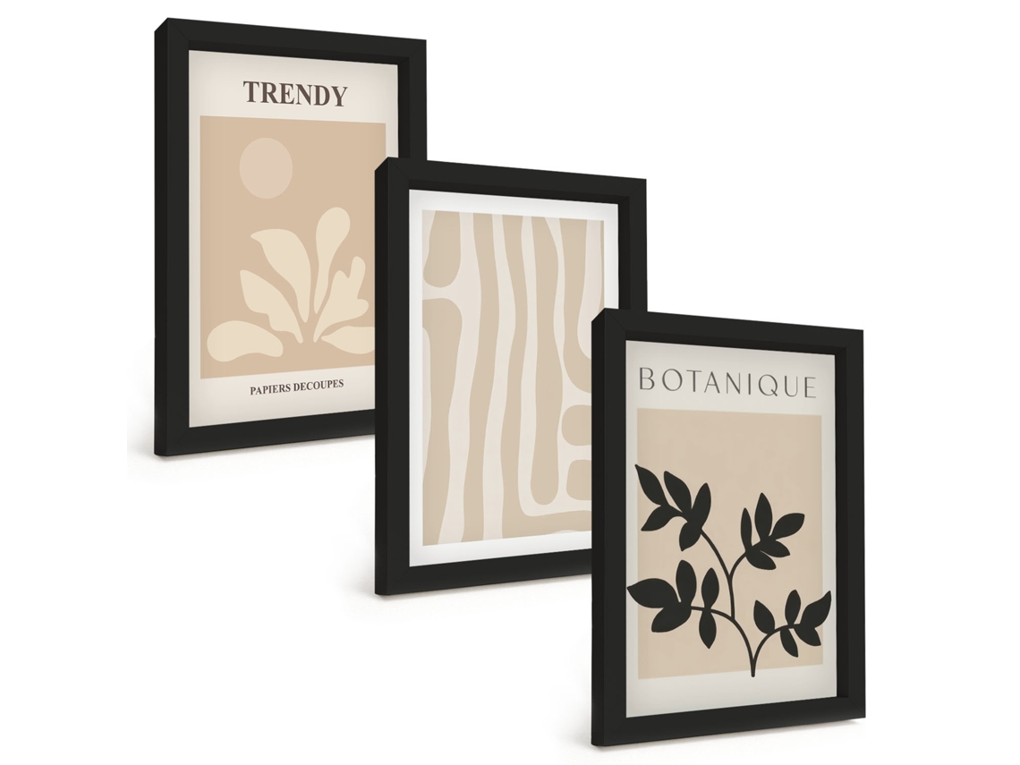 Composição De Quadros Padrões Elegantes De Plantas Em Preto E Bege Espelharte (3 Peças 20x30 Cm)