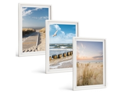 Galeria De Pinturas Murais Praia, Areia, Ondas, Céu, Pássaros Moldura Branca Quadros Para A Sala De Estar Espelharte (3 Piezas De 40x60 Cm)