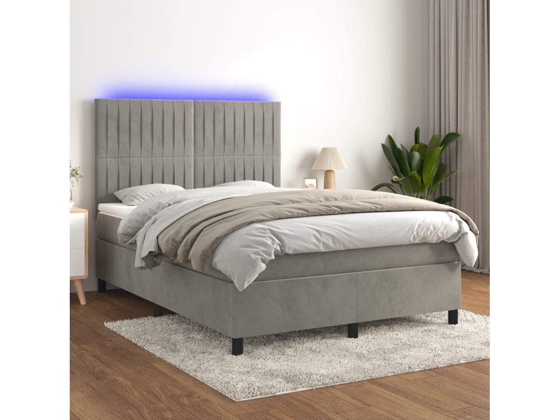 Vidaxl Cama Box Spring C/ Colchão/led 140x190 Cm Veludo Cinzento