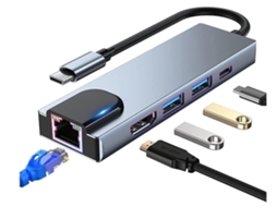 Adaptador multiconector USB C, cinza, 5 em 1, tablets, escritório, STELASPLEN