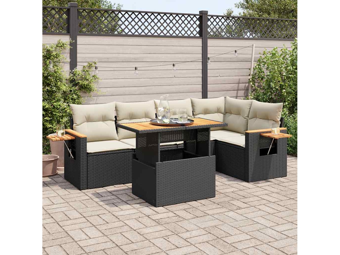 Vidaxl 6 Pcs Conjunto Sofás Jardim C/ Almofadões Vime Pe/acácia Preto