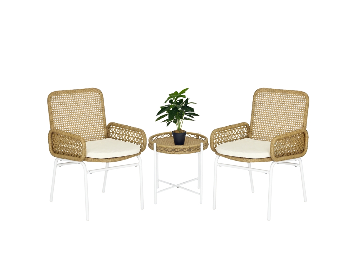 Conjunto de Jardim de Vime Aço, vime PE, tecido de poliéster cor Marrón 55x60x81 cm OUTSUNNY