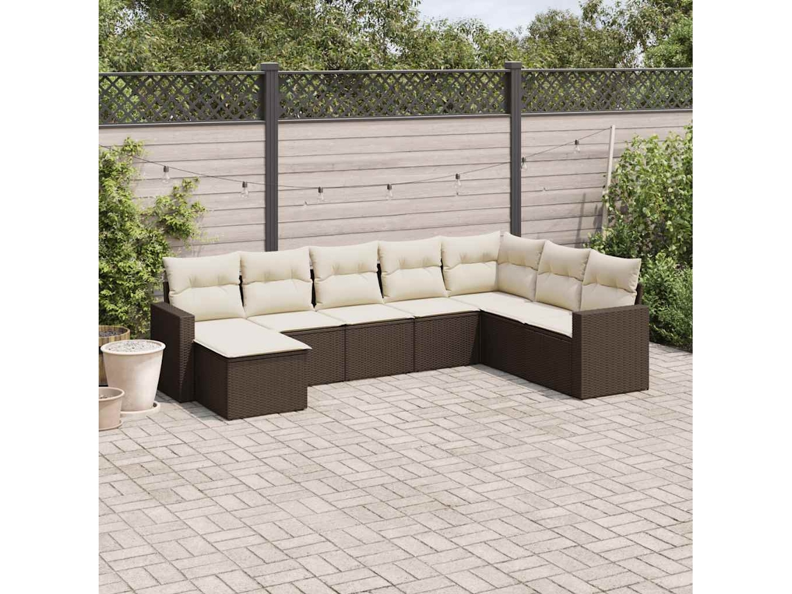Vidaxl 8 Pcs Conjunto Sofás De Jardim C/ Almofadões Vime Pe Castanho