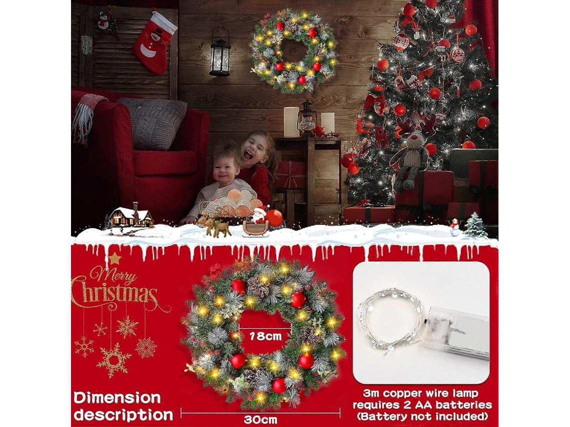 Coroa De Natal Para Porta 30 Cm Com Luzes E Decoração Artificial