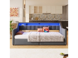 Sofá-cama, 90x200 Cm - Com Usb E Type-c, Led Com Comando Remoto, 2 Gavetas, Bolsas De Armazenamento - Cinza