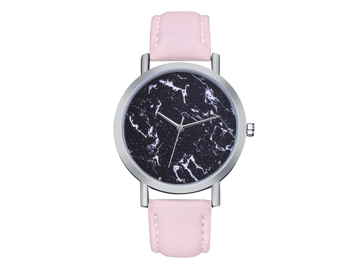 Relógio de casal com movimento de quartzo, pulseira de couro sintético, caixa prateada e mostrador personalizado (rosa).