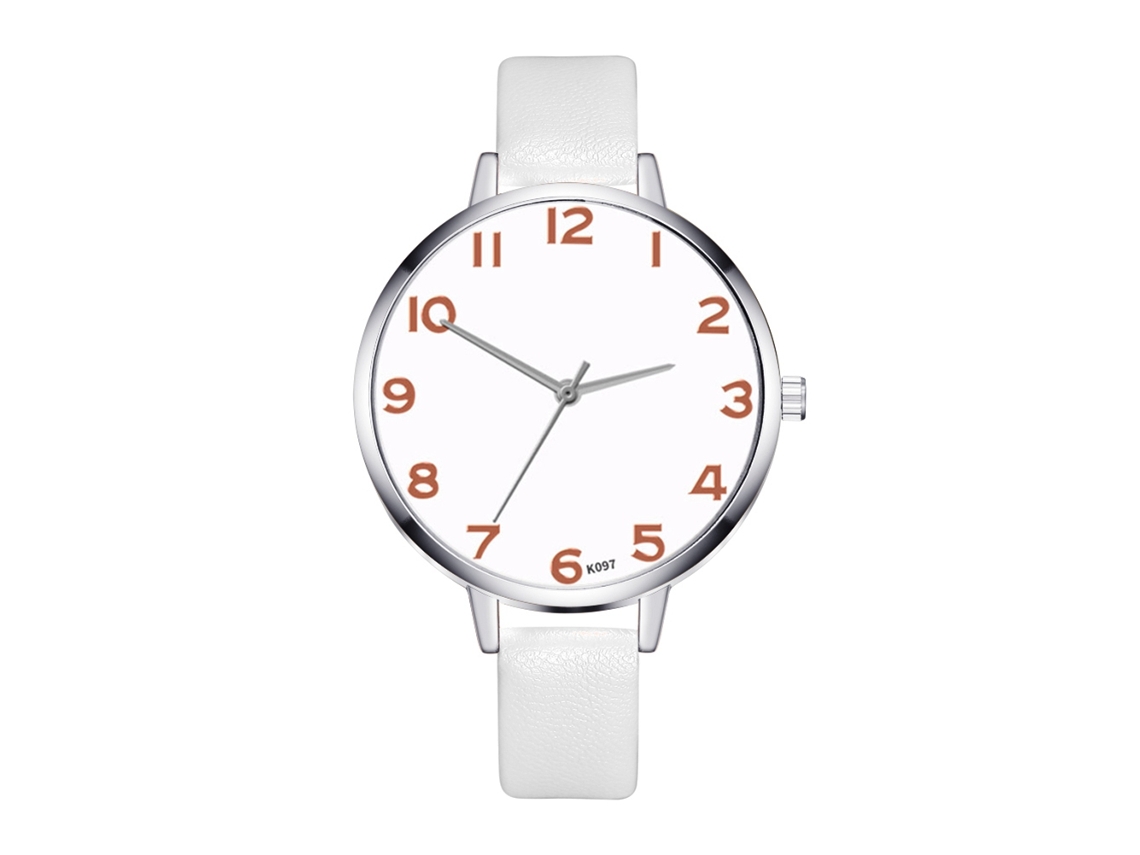 Relógio de Pulso Feminino de Quartzo Clássico com Pulseira de Couro Pu Mostrador Redondo Branco