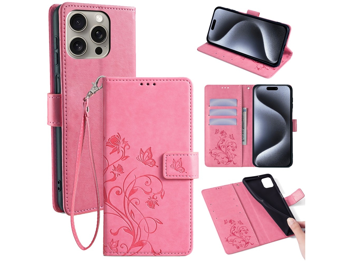 Capa Padrão Flor Borboleta Para Iphone 15 Pro Max Pele Sintética Multicor