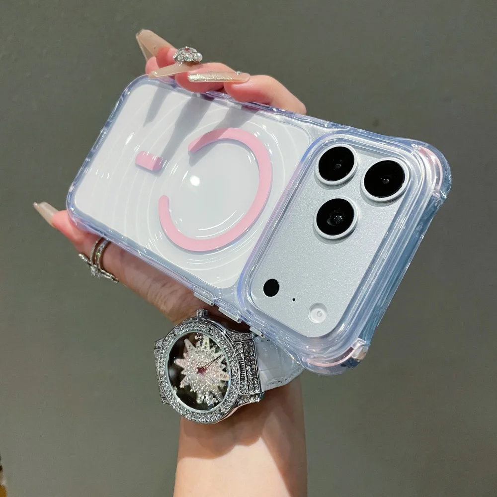 (rosa, Iphone 12 Pro Max) Capa Magnética Magsafe Com Textura Ondulada, Transparente E Com Amortecimento De Ar