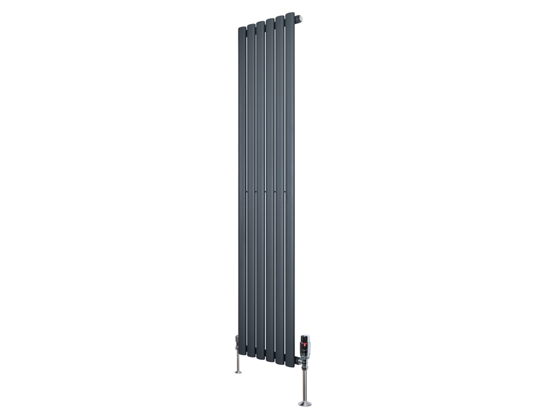 Radiador Oval De Coluna Única 1600x360 Mm - Cinza Antracite, 844w, Aço Carbono, Válvulas Termostáticas Cromadas,
