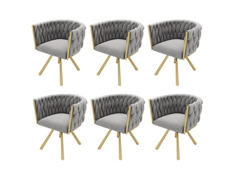 Conjunto De 6 Cadeiras Giratórias De Veludo Com Braços Pernas De Metal Dourado Cinzento Raumio