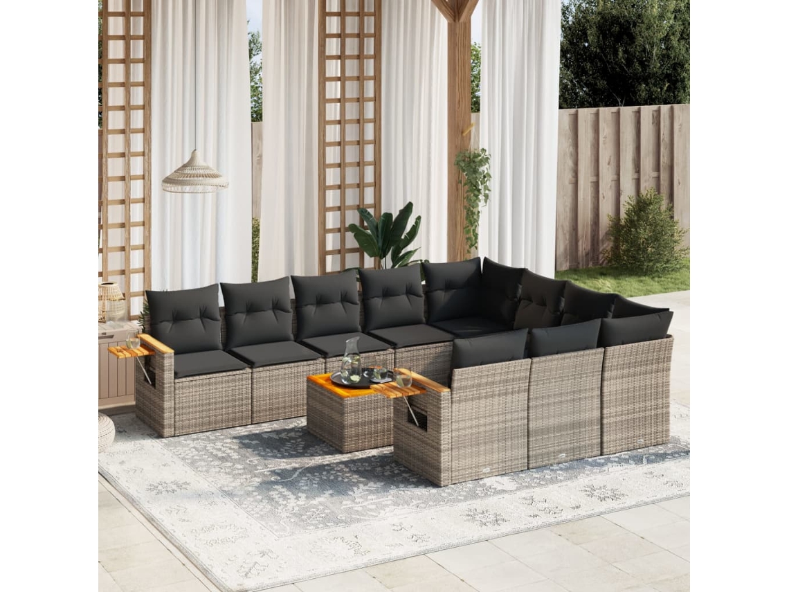 Vidaxl 11 Pcs Conjunto Sofás De Jardim C/ Almofadões Vime Pe Cinzento