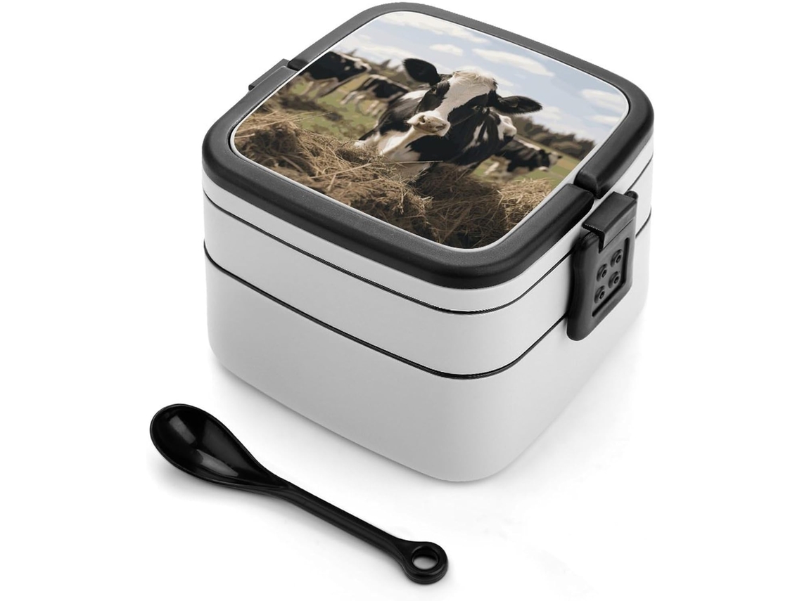Lancheira Bento Dupla Camada Com Estampa De Vaquinha, Colher E Alça, À Prova De Vazamentos, Empilhável E Ideal Para