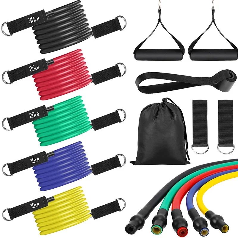 Conjunto De 68 Kg (150 Lb) De Faixa Elástica Para Exercícios, Com Alças Para Fixação Em Portas E Barra De Resistência.