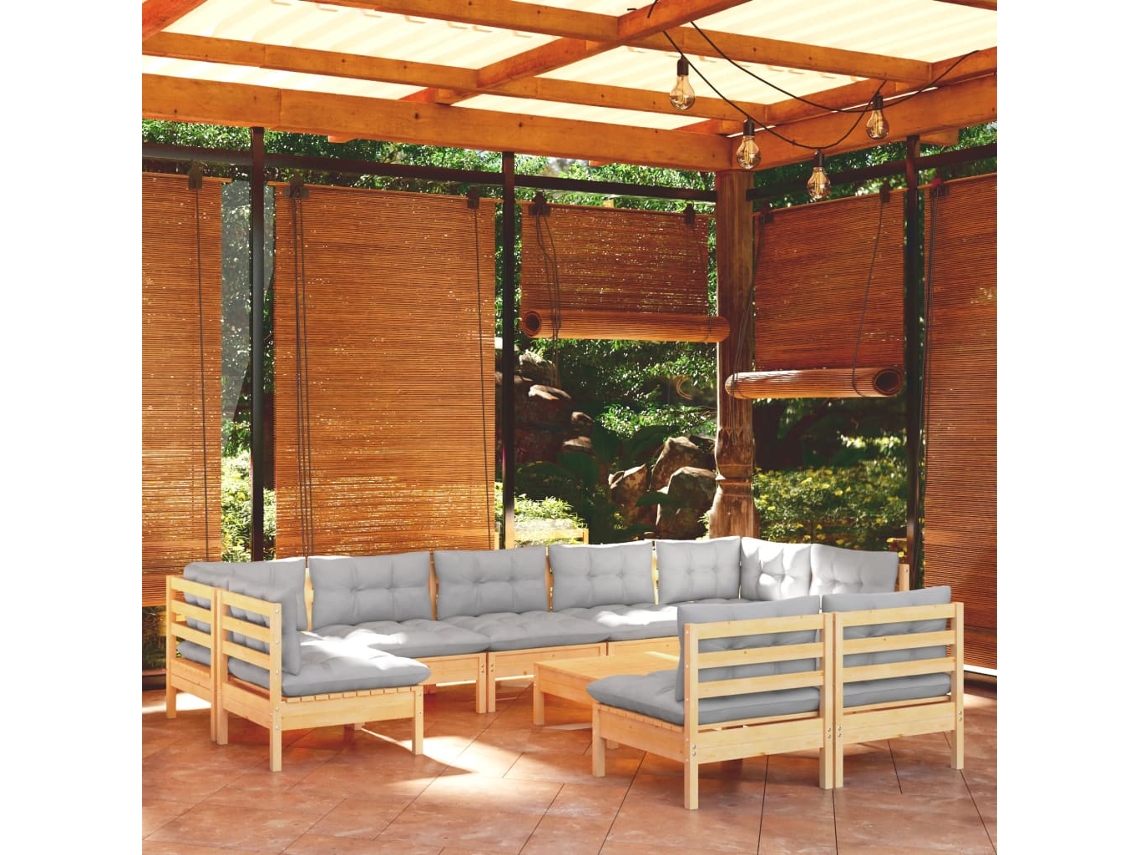 10pcs Conjunto Lounge De Jardim Almofadões Cinza Pinho Maciço Dkd Home Decor