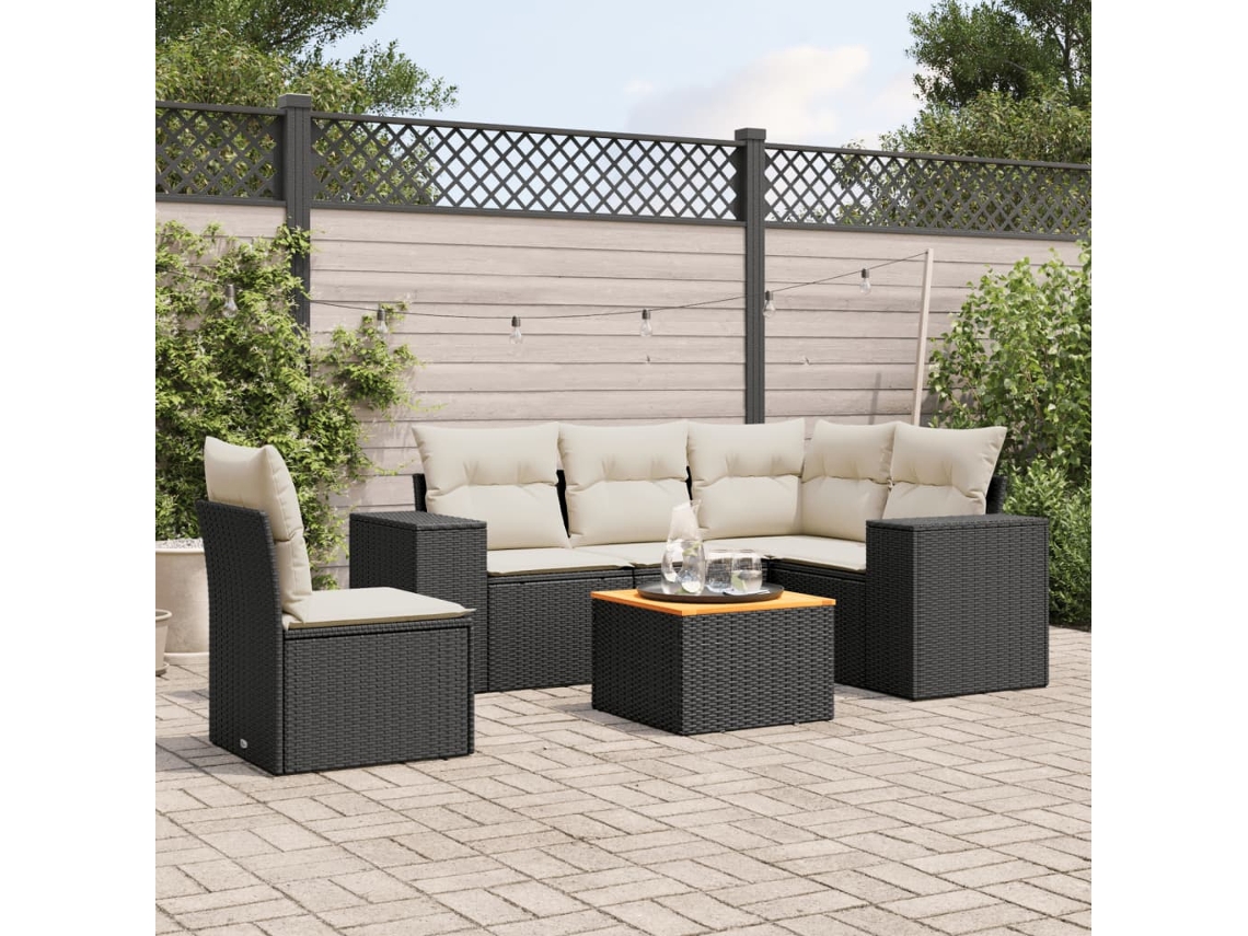 6 Pcs Conjunto Sofás De Jardim C/ Almofadões Vime Pe Preto Dkd Home Decor