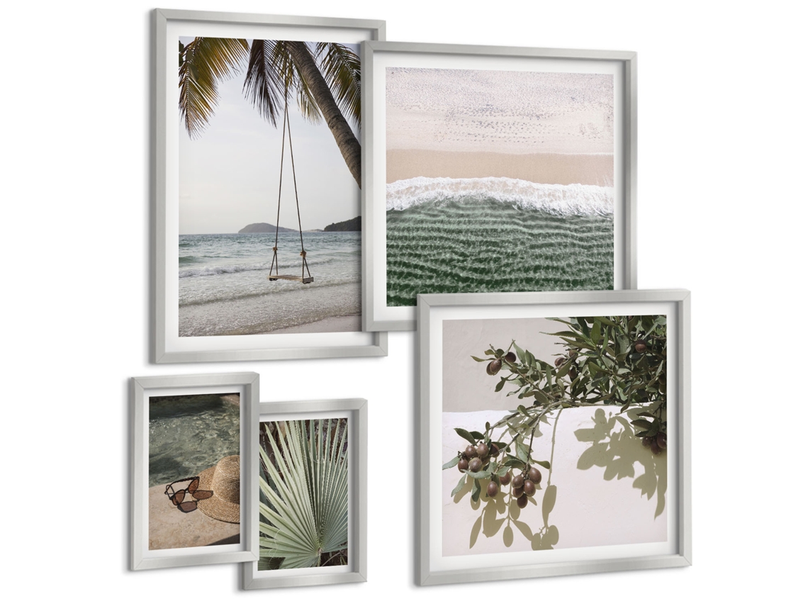 Galeria De Pinturas Murais Flores, Cachoeira, Buda, Rochas, Zen Moldura Prateada Quadros Para A Sala De Estar Espelharte (conjunto De 5 Imagens)
