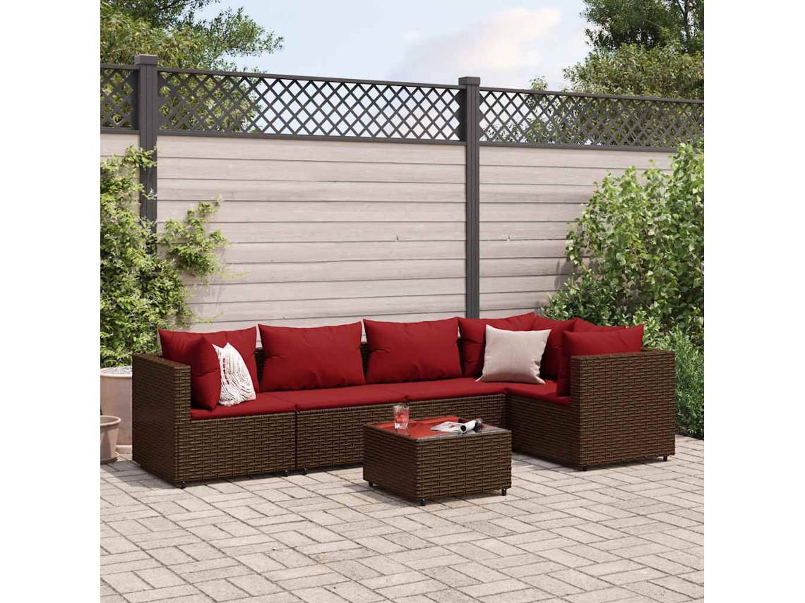 Conjunto 6 Peças Lounge Jardim C/ Almofadões 6 Peças Vime Pe Marrom Dkd Home Decor