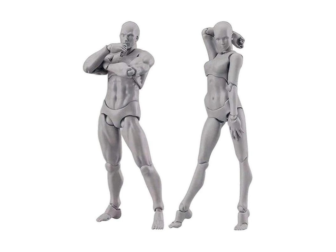 Muñecos Articulados Para Desenho, Conjunto Homem Mulher 13-15cm, 30 Articulações, Cinza Com Suporte