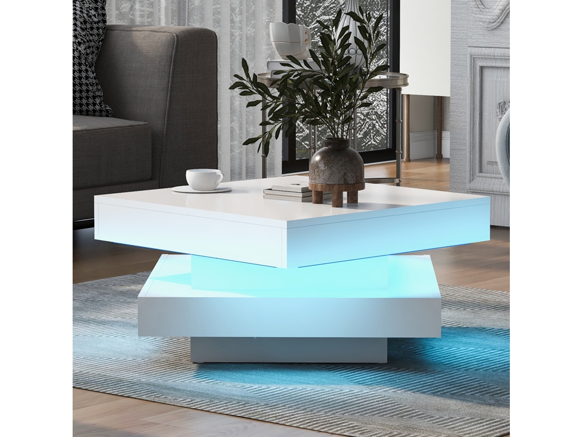 Mesa Centro Quadrada Branca 70x70x36cm, Alto Brilho, Giratória 360°, Led, Techno Ge