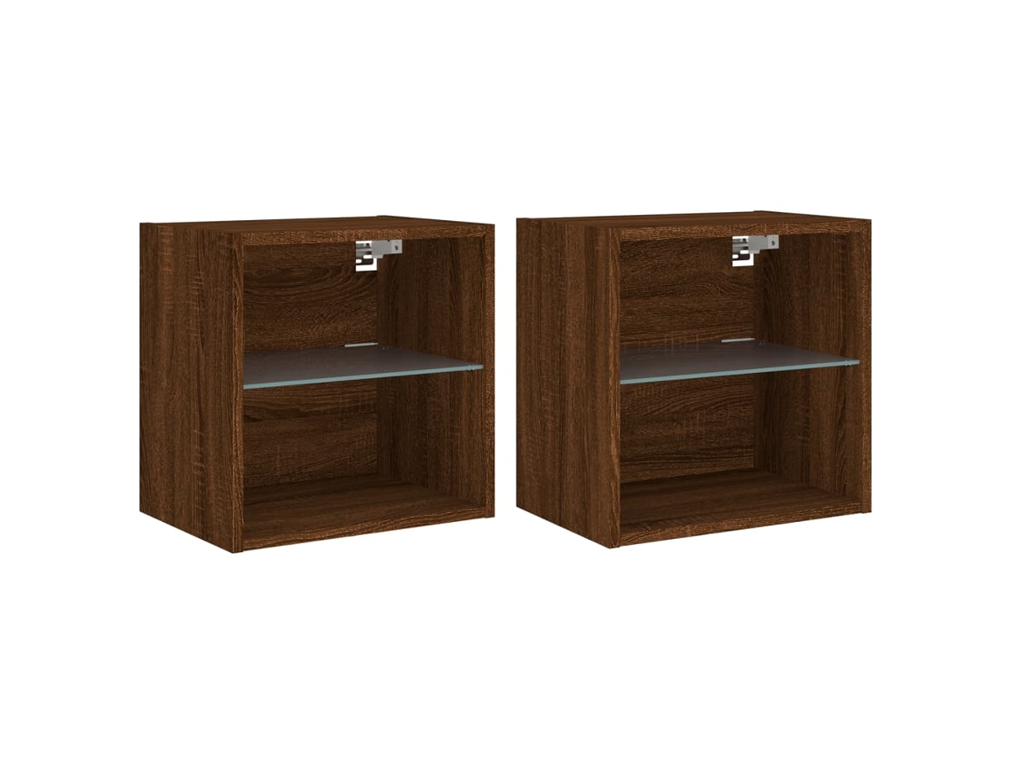 Conjunto de Mesas de Cabeceira Parede com Luzes Led 2 Pcs Carvalho Castanho MAISON EXCLUSIVE