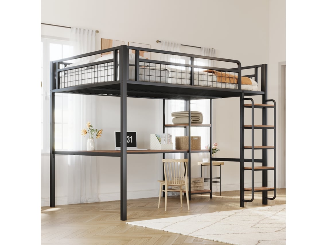 Cama alta de metal 140*200 cm, escada de segurança com grades, cama infantil com mesa e prateleira, cerca de segurança em tecido metálico.