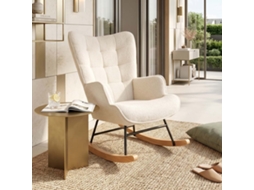 Cadeira de balanço em tecido Teddy com encosto ergonômico e base de madeira bege 92x68x75 cm LAZYSPACE