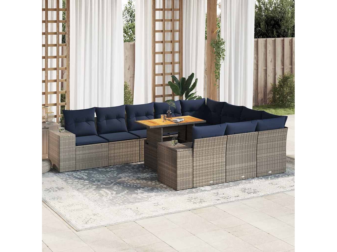 Vidaxl 11 Pcs Conjunto Sofás De Jardim C/ Almofadões Vime Pe Cinzento