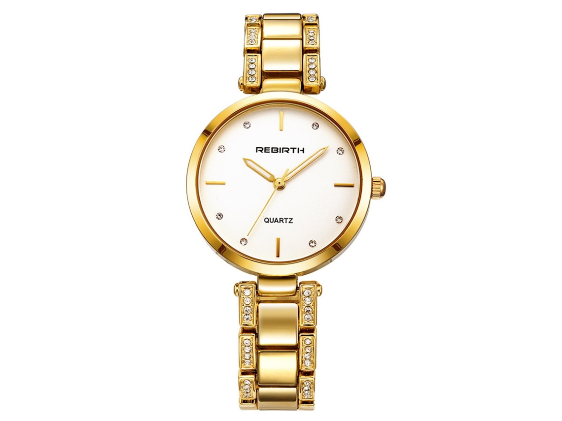 Relógio Pulseira Feminino de Aço Inoxidável com Strass Movimento de Quartzo Rebirth