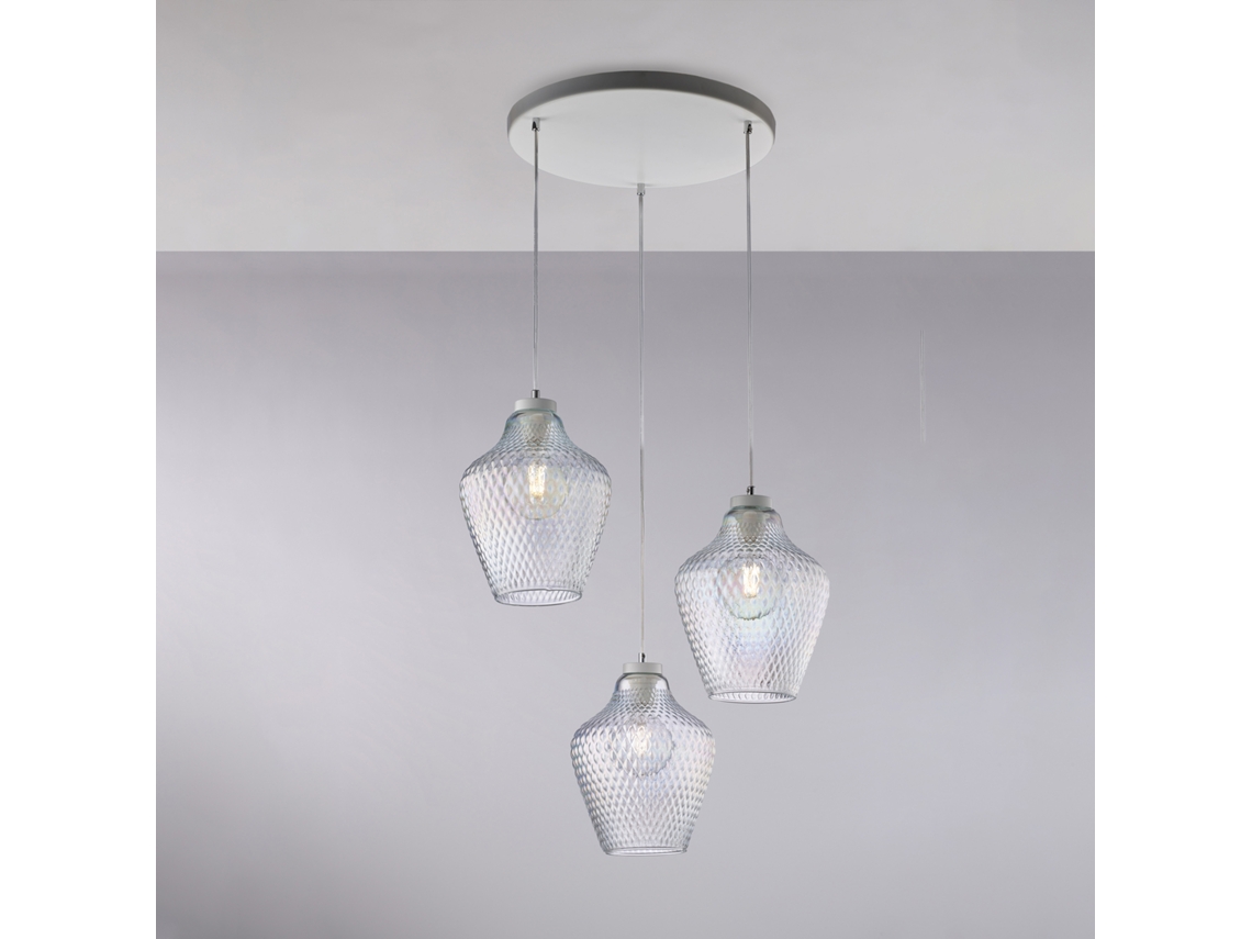 Candeeiro Suspensão Maya Em Ferro Branco Com Cabos Elétricos Reguláveis ​​e Difusores Em Vidro Soprado Transparente Com 3 Luzes Deco Em Relevo Belight