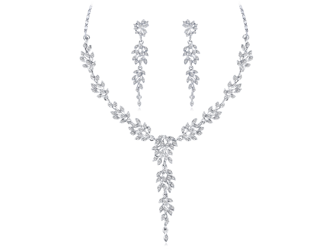 Conjunto De Joias Colar E Brincos Com Strass E Folhas De Liga